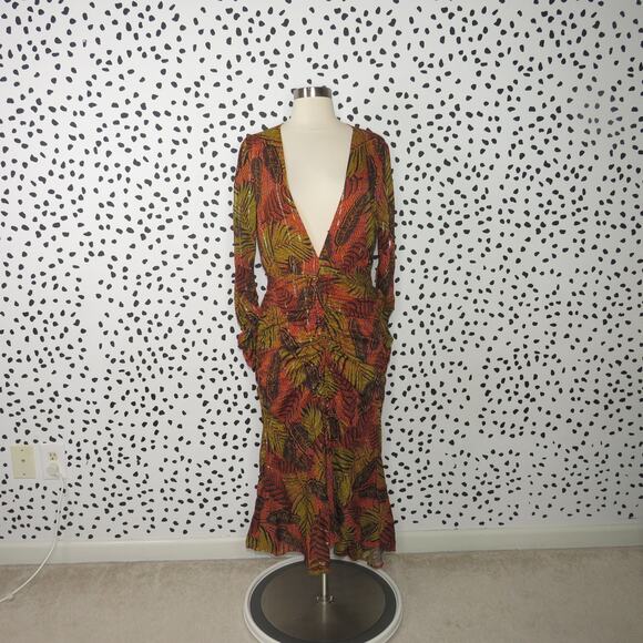 Le Superbe Orange Tropical Palm Print Crosby Ave Long Sleeve Midi Dress - Picture 4 of 11